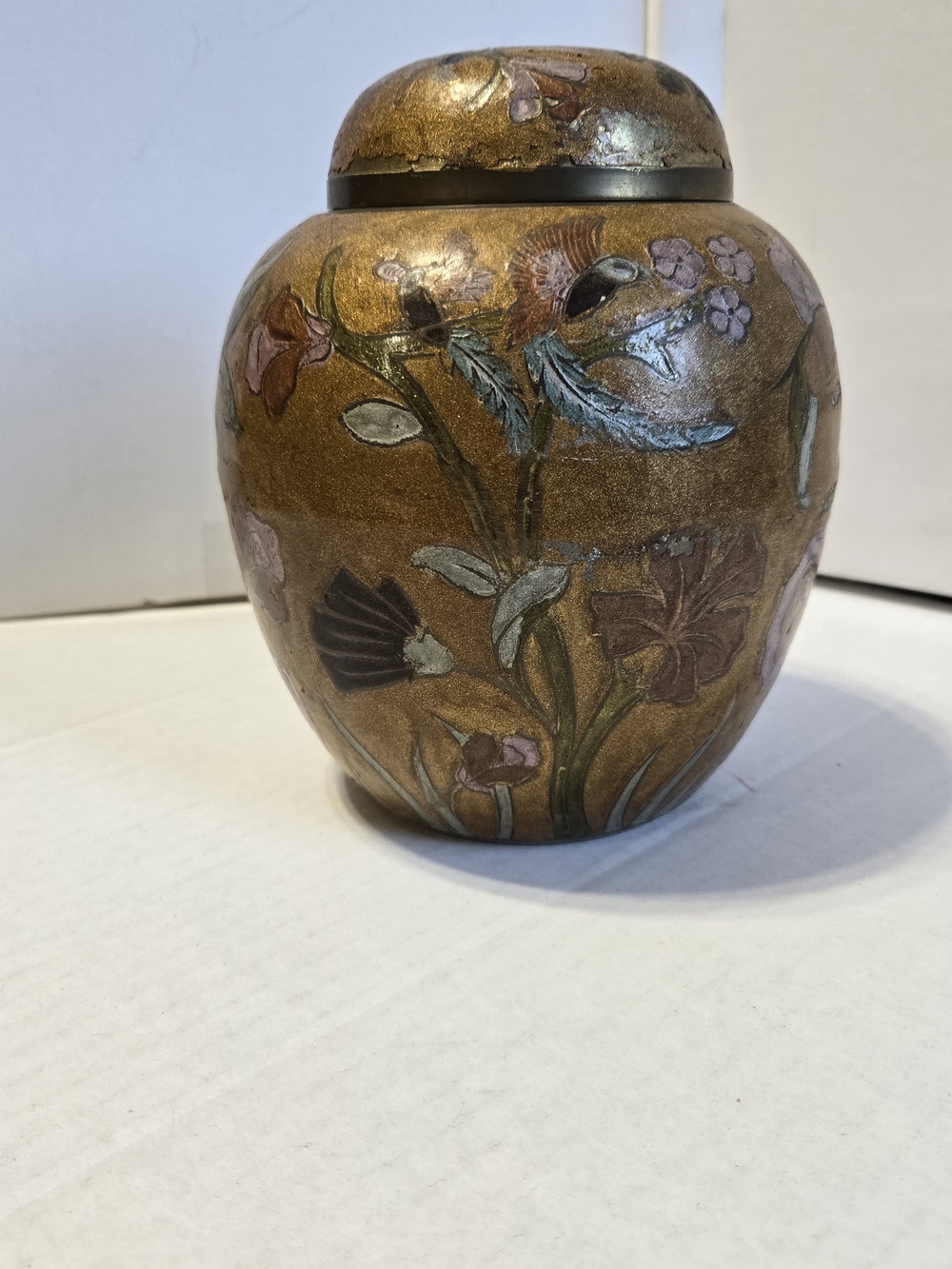 Vintage Brass Enamel Lidded Ginger Jar - Bird & Floral Motif (Made in India) 7"